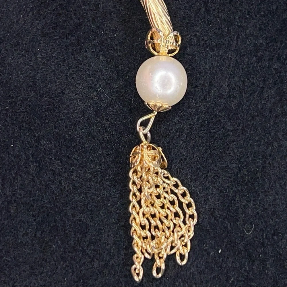 Vintage Gold Plated Wrap Memory Bracelet Tassels Faux Pearl Retro Glam Wedding
